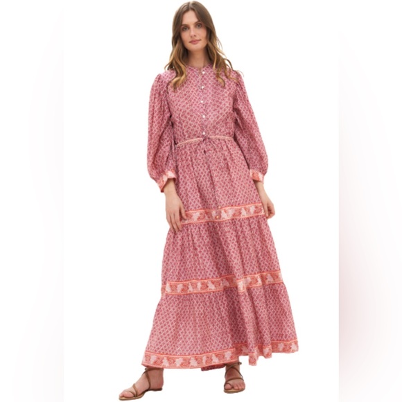 Oliphant Dresses & Skirts - Oliphant Cinched Pintuck Maxi Dress in Red, Pink, White Block Print, Small
